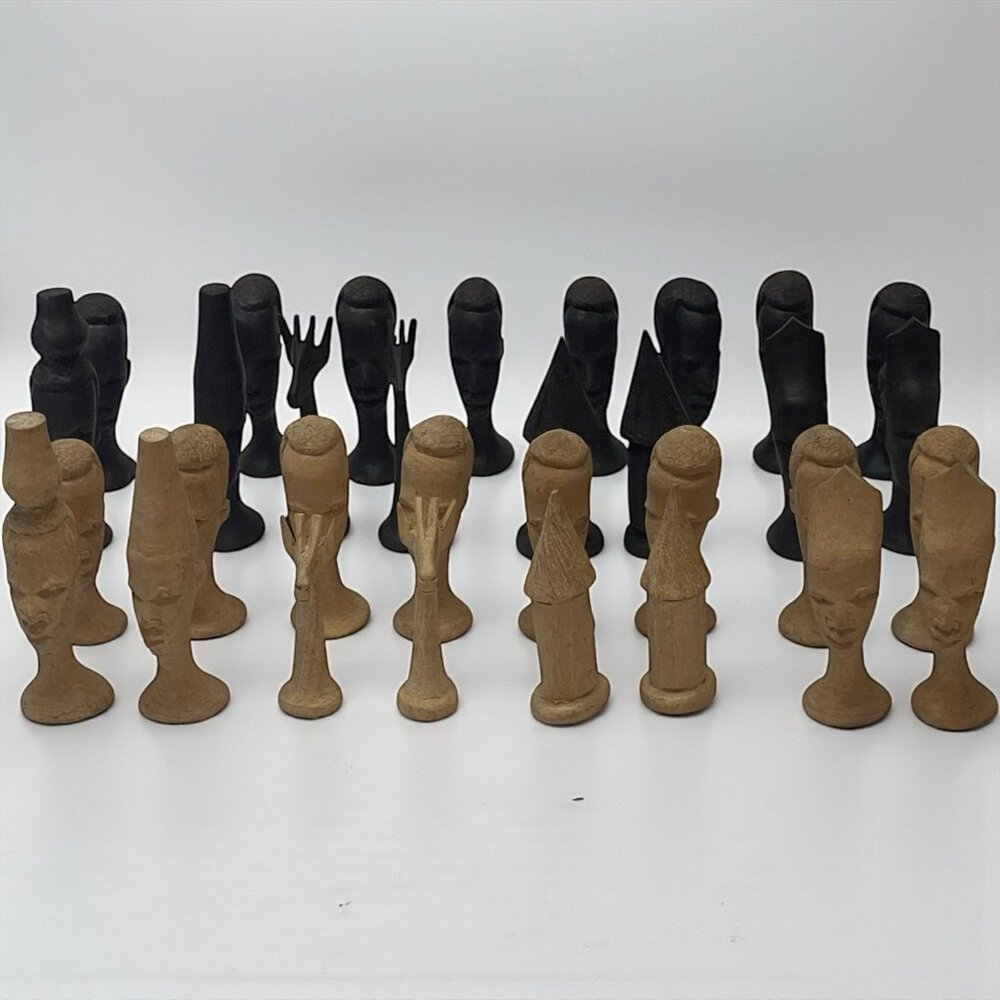 Vintage African Chess Pieces Wooden Hand Carved Rustic Complete